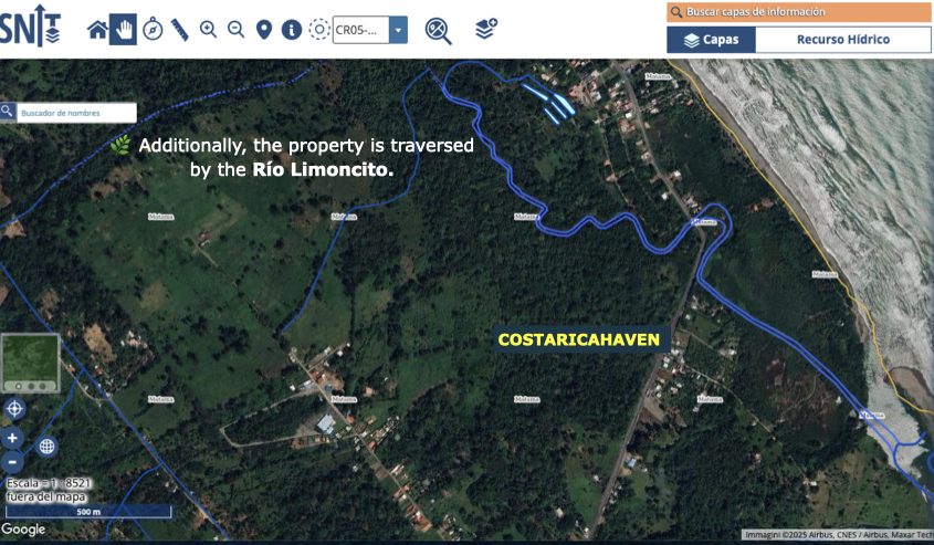 Google Maps aerial view of the property at 9°55'22.9"N 83°00'17.7"W, showing full layout, boundaries, and strategic roadfront.