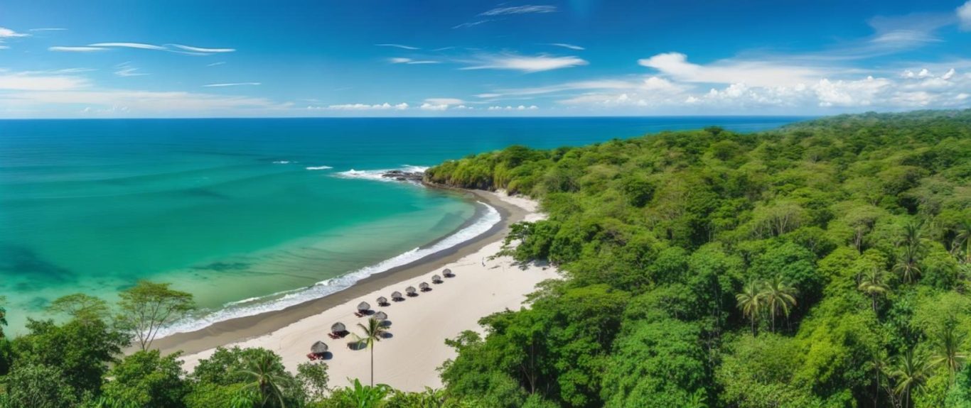 Aerial view of the coastline where lush nature touches pristine beaches and crystal-clear waters in perfect harmony.